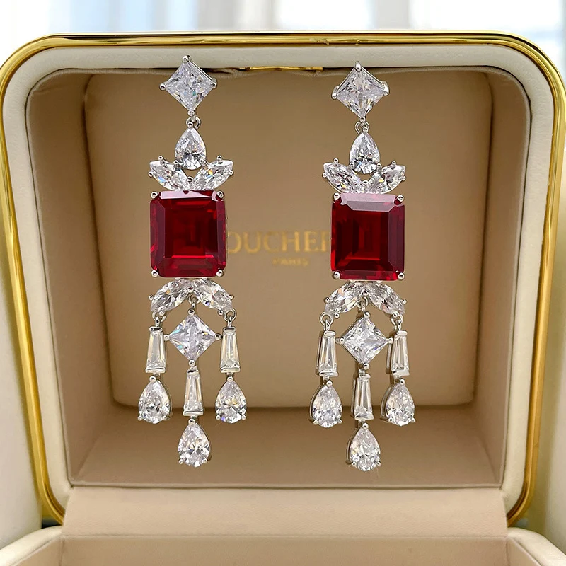 2023 new independent design luxury retro style S925 silver ruby earrings 12*14 high-end earrings 5A zircon