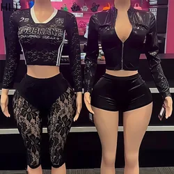 HLJ Sexy Lace See Though Two Piece Set For Women Letter Print Long Sleeve Crop Top And  Pants Suits Female Streetwear Spring New