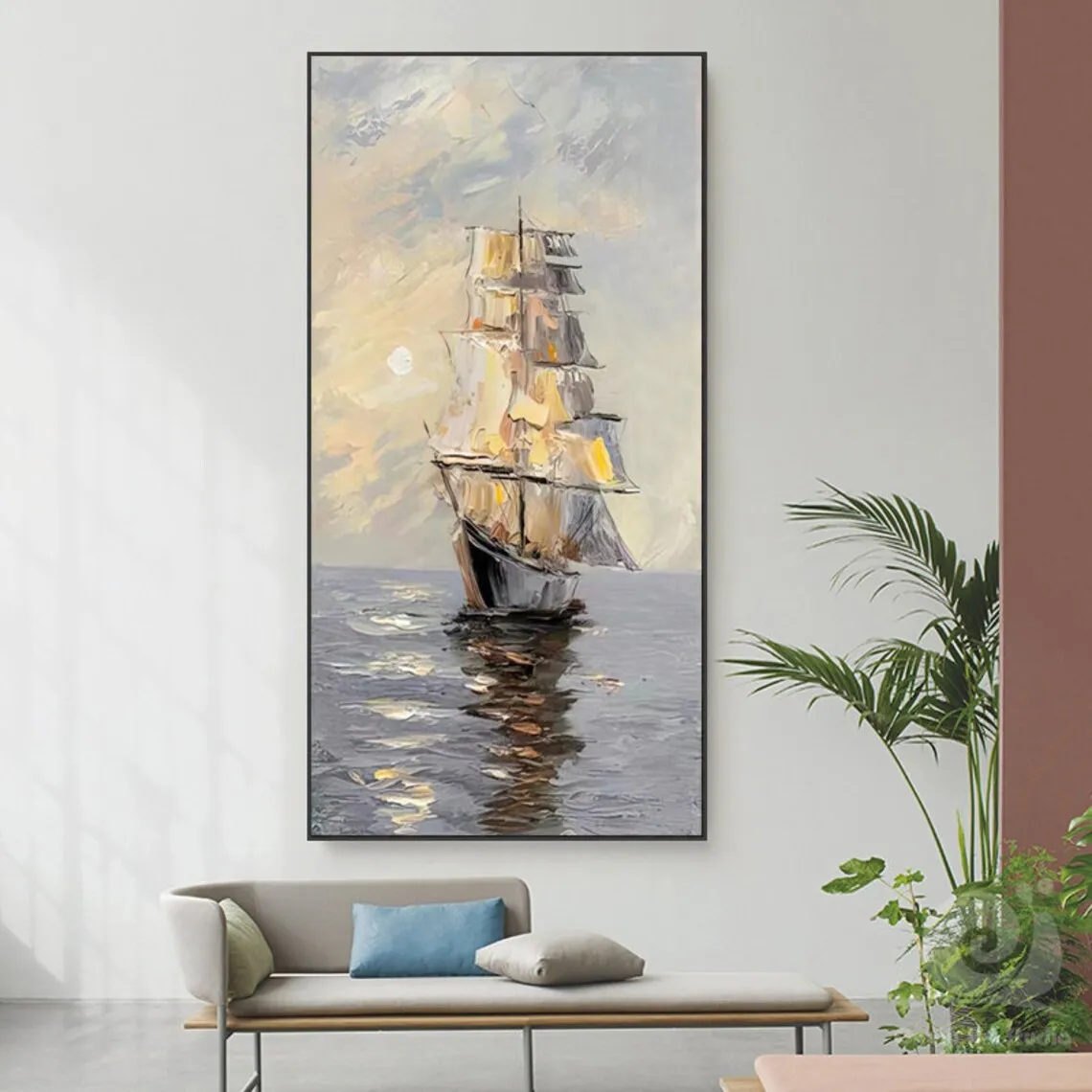 1pc frameless Canvas Painting Large Abstract Sailboat Oil Painting on Canvas Sunrise And Seascape Pictures Wall Art Modern Nauti