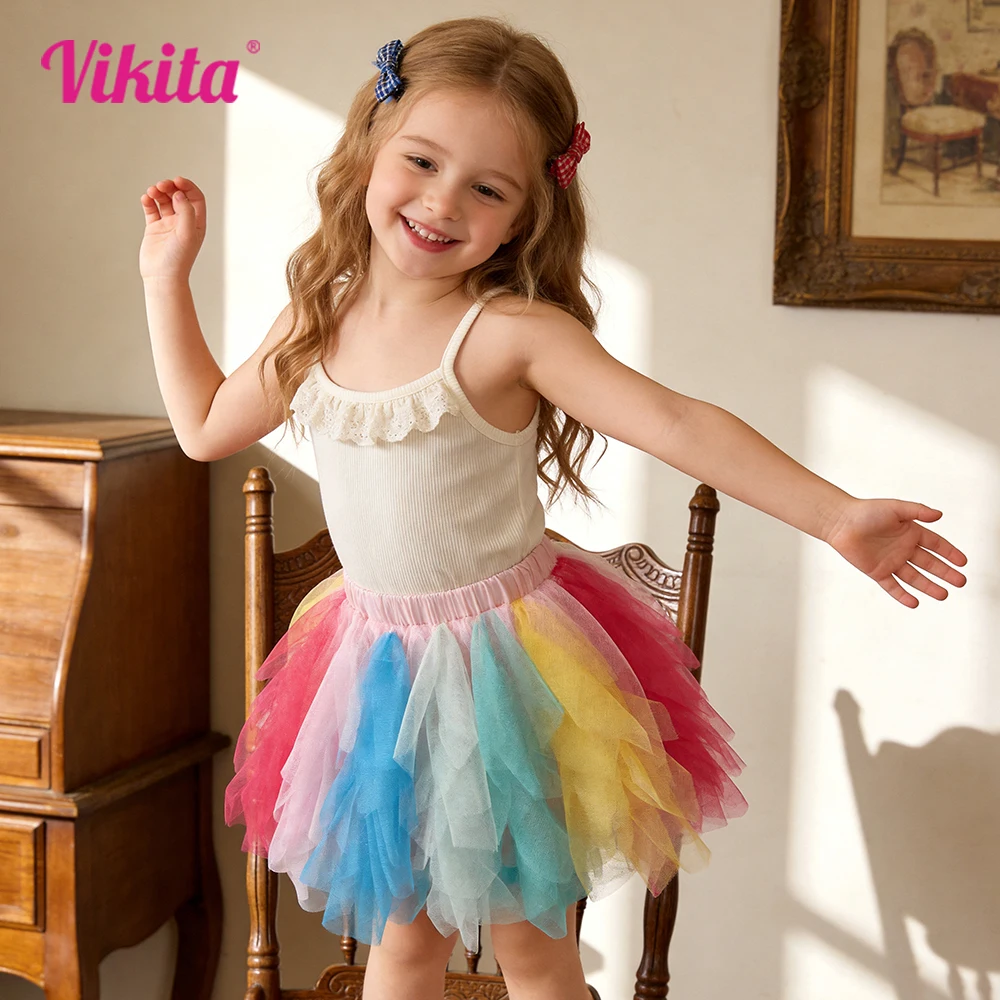 VIKITA Girls Rainbow Colorful Pastel Tulle Tutu Skirt Kids Layered Fluffy Rullle Irregular Party Casual Ballet Dance Mini Skirt