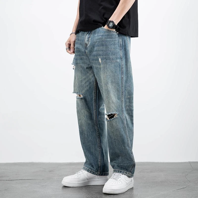 Men's Jeans Broken Straight Trousers Ripped with Holes Loose Torn Wide Leg Male Cowboy Pants Baggy 2024 Korean Autumn New in Xs