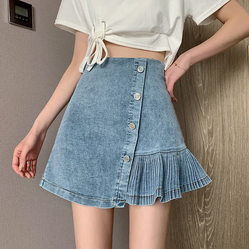 

S-5xl Summer Trendy Denim Skirts For Women Oversized High Waist Pleated Irregularity A-line Jean Skirts Casual Short Skirts