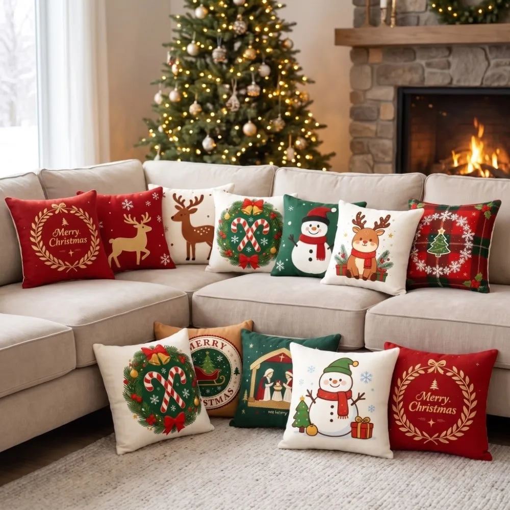 Soft Christmas Pillow Cover 2D Flat Christmas Tree Throw Cushion Case Candy Bowknot Snowman Xmas Tree Pillowslip