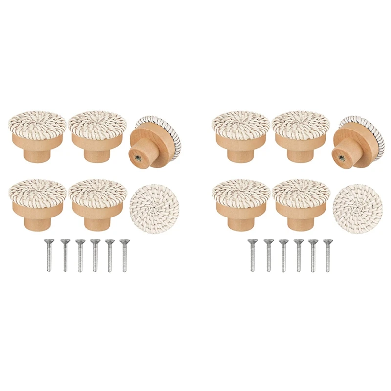 Boho Rattan Dresser Knobs Round Wooden Drawer Knobs Handmade Wicker Woven And Screws For Boho Furniture Knobs Beige 12Pc