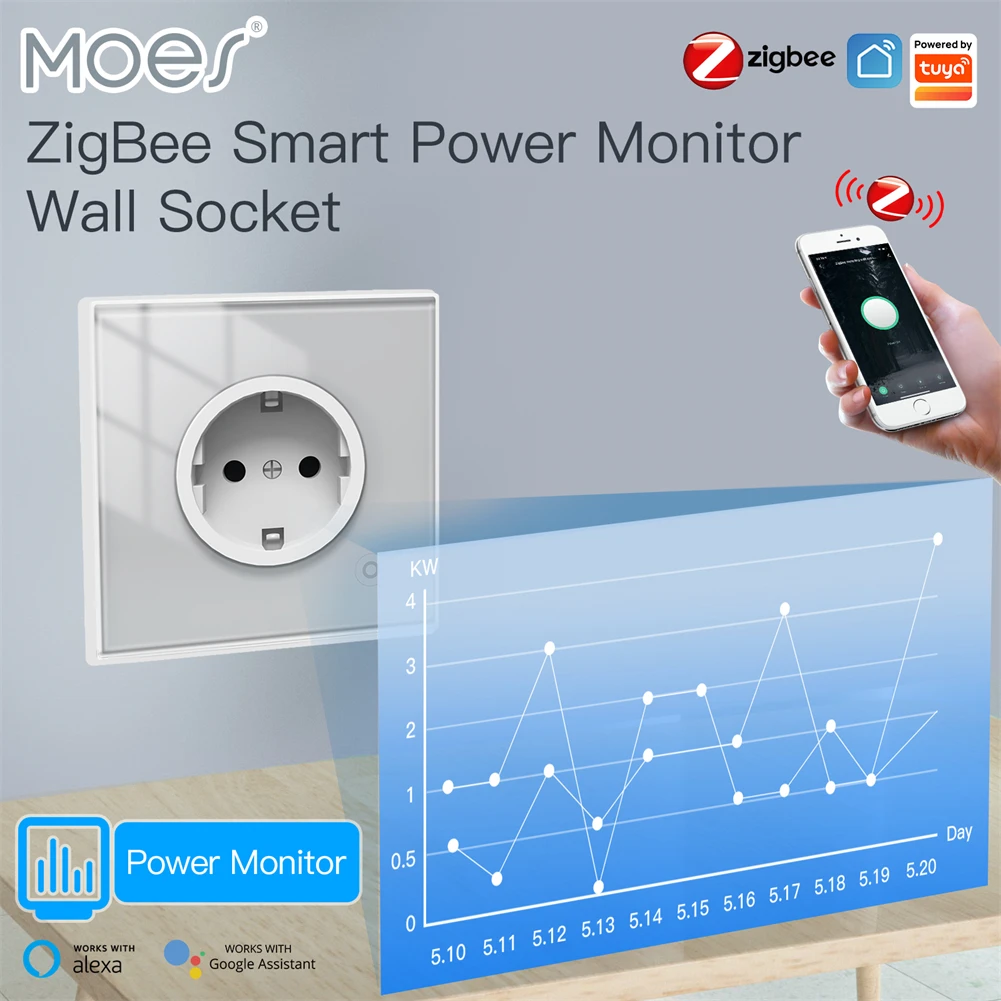 MOES ZigBee – prise murale intelligente, panneau en verre, moniteur d'alimentation, maille de commande sans fil tuya avec minuterie, Alexa Google Home voice EU