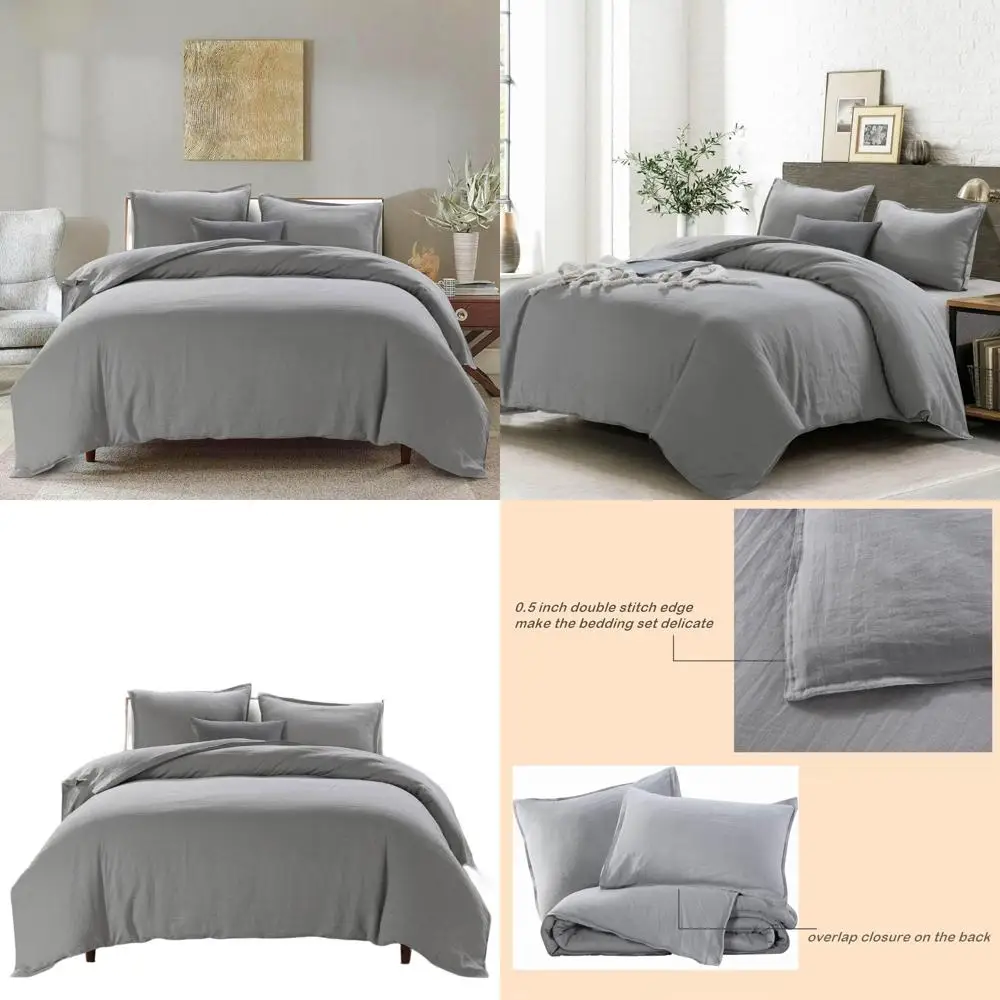 

Twin 100% Linen Duvet Cover Set with Button Closure, Grey Washed French Flax, 1 Cover + 1 Sham