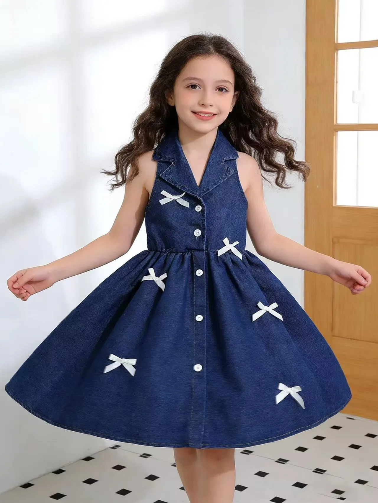 Summer Promotion Blue Casual Hanging Neck Butterfly Condensation Back Casual Dress for Girls 3-7