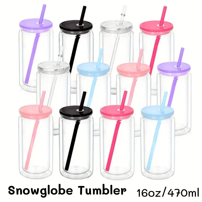 16-Unzen-Wasserflasche aus Kunststoff, doppelwandiger Schneekugelbecher mit vorgebohrtem Loch, wiederverwendbare Einmachglasbecher für DIY-Kaffee-Saft-Geschenke