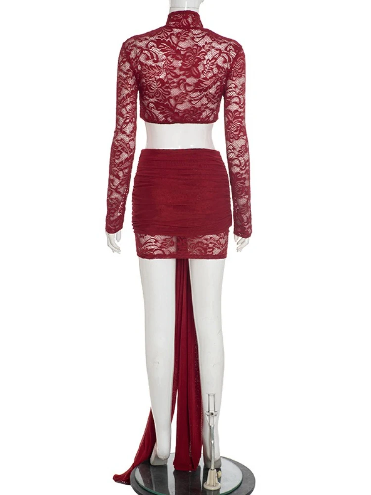 SsTss doorzichtige 2-delige set voor dames, sexy crop top met opstaande kraag, lange mouwen en gewikkelde lintrok, magere kanten outfits