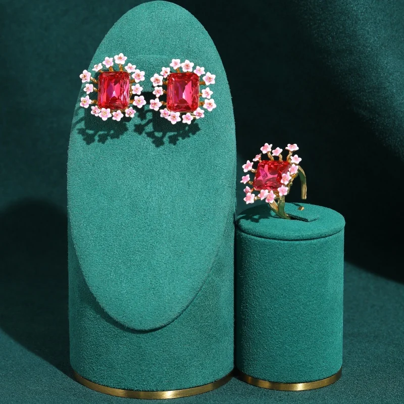 Vintage Pink Crystal Square Petal Jewelry Sets Earrings Ring Trends 2026 For Women High Quality Classic Trendy Luxury Gifts New