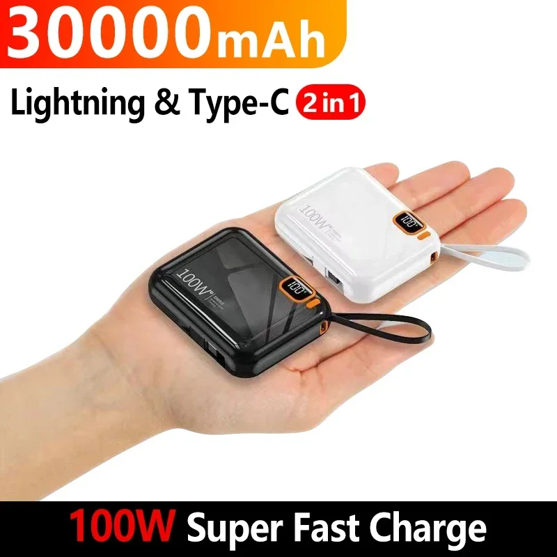 30000mah przenośny Power Bank PD100W odłączany kabel USB do typu C dwukierunkowa szybka ładowarka Mini Powerbank dla iPhone Samsung Xiaomi