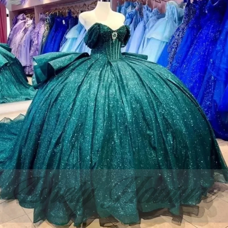 Personnalisé réel Pic brillant vert perles à lacets robe de bal balayage Train bal robe de fête d'anniversaire Quinceanera 15 16 robe 2025