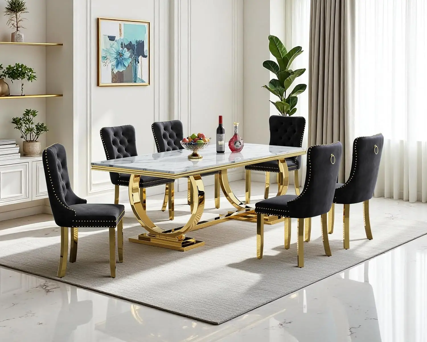 Modern Faux Marble Dining Table Set 6 Black Velvet Chairs Gold Stainless Steel Pedestal Kitchen Furniture 7 Piece, Customized