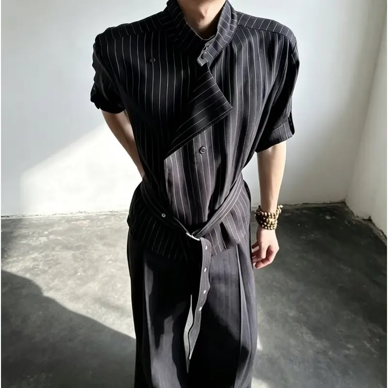 2026 Summer New Striped Short Sleeve Elegant Shirt Jacket Mid Length Retro Waist Defining Slim Fit Fashion Top for men