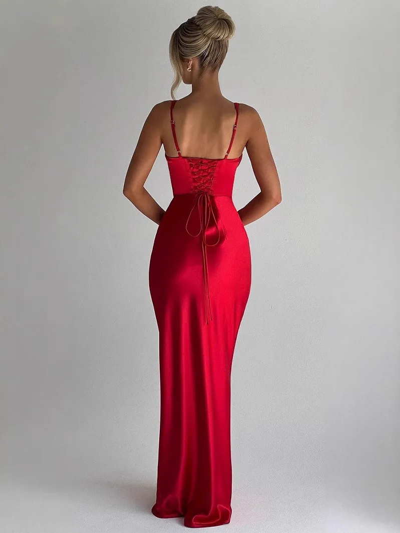 مثير V-Ne Fibone Strapl طويل الساتان الدكتور Bal الأحمر Svel ثوب مسائي عالية الخصر ملابس رسمية للنساء #4