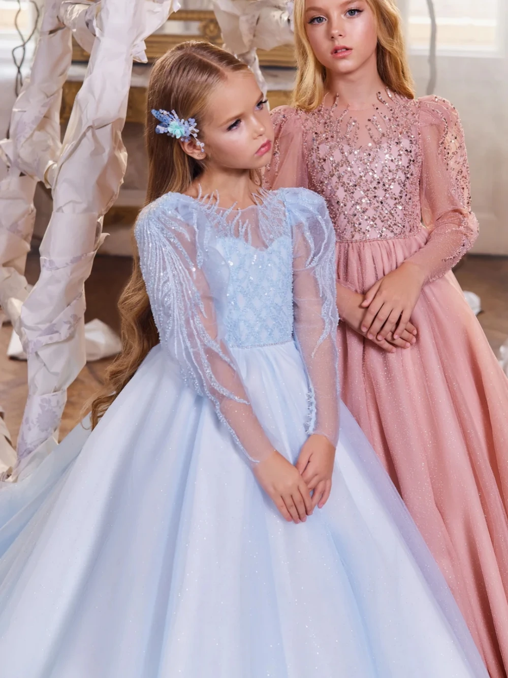 Light Blue Luxurious Beaded Girls Evening Dresses Birthday Party Wear Graceful Cute Oneck Long Sleeve Princess Gown For Kids
