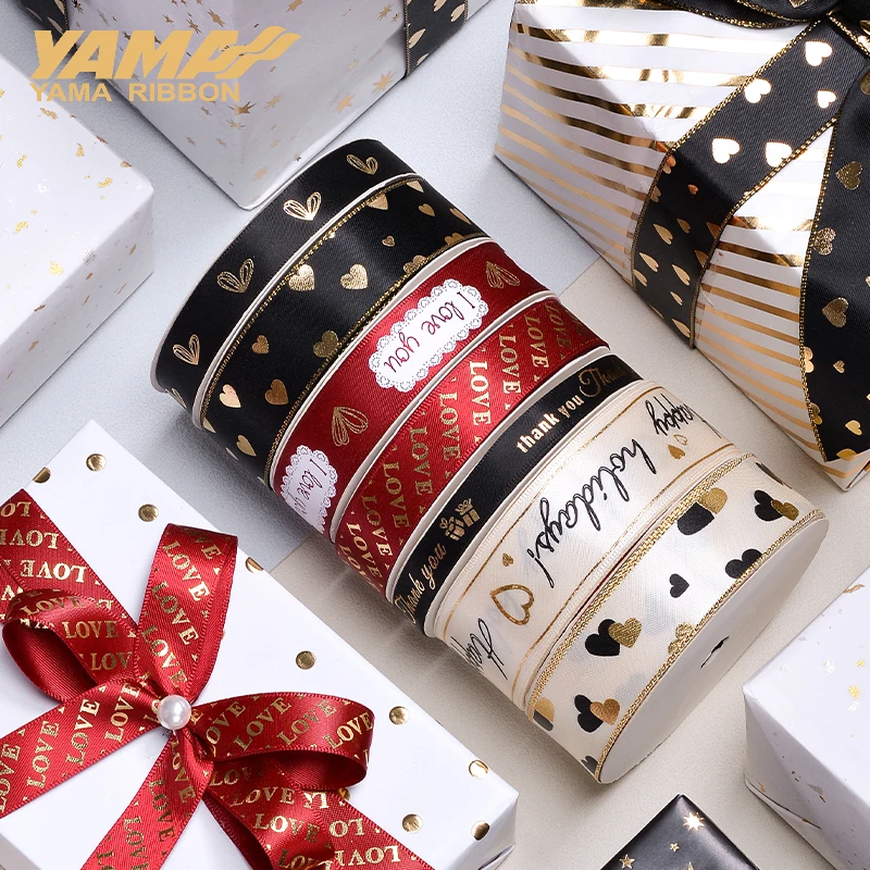 YAMA Gold Foil Printed Ribbon 10yards/roll Heart Series Valentine\'s Ribbons for Crafts Lover Gifts DIY Packaging Wedding Decor