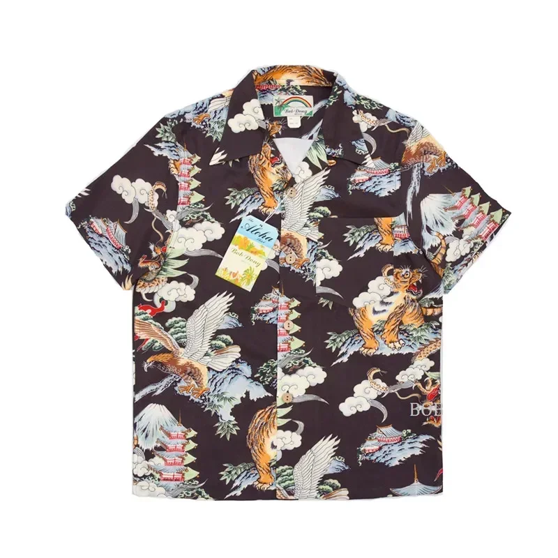 BOB DONG Aloha Shirt Mount Fuji & Animals Print Short-Sleeve Hawaiian Vacation Wear