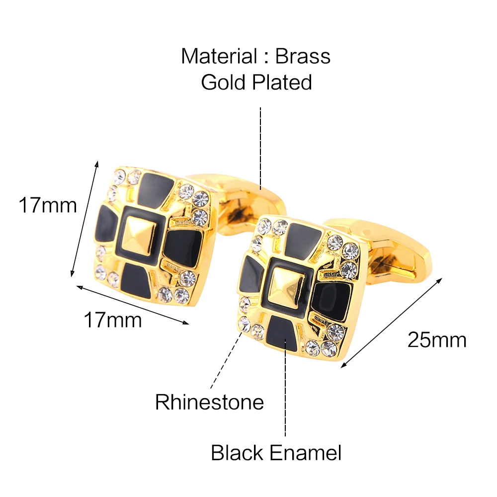 High Quality Golden Black Square Crystal Men\'s Business Enamel Cufflinks Dress Accessories French Shirt Cuff Father Jewelry Gift