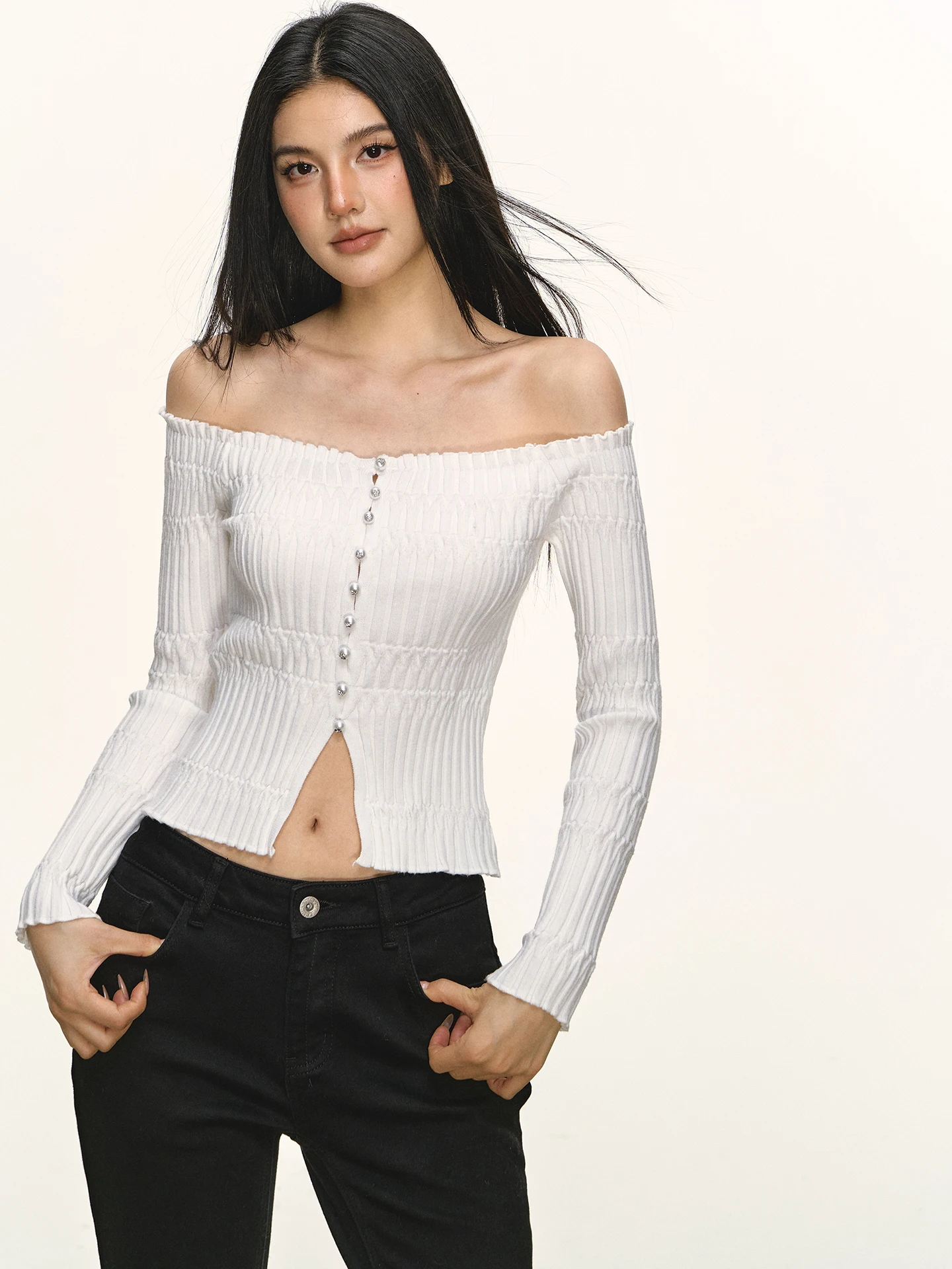 

Anna Aneae Pearl Button One oulder ort Knitted Base irt Women Spring Autumn Spicy White oulder Exposure Top