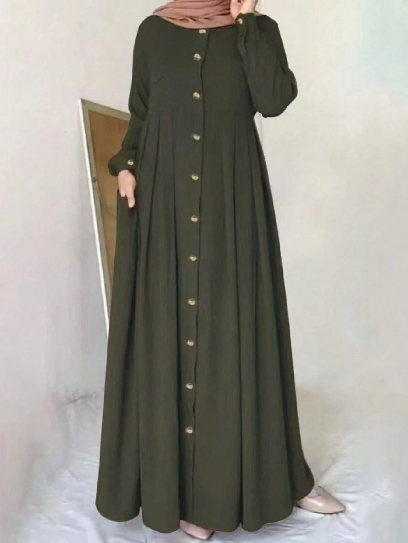 

Plus Size Women Long Sleeve Solid Button Up Pocket Casual Abaya Dress Spring