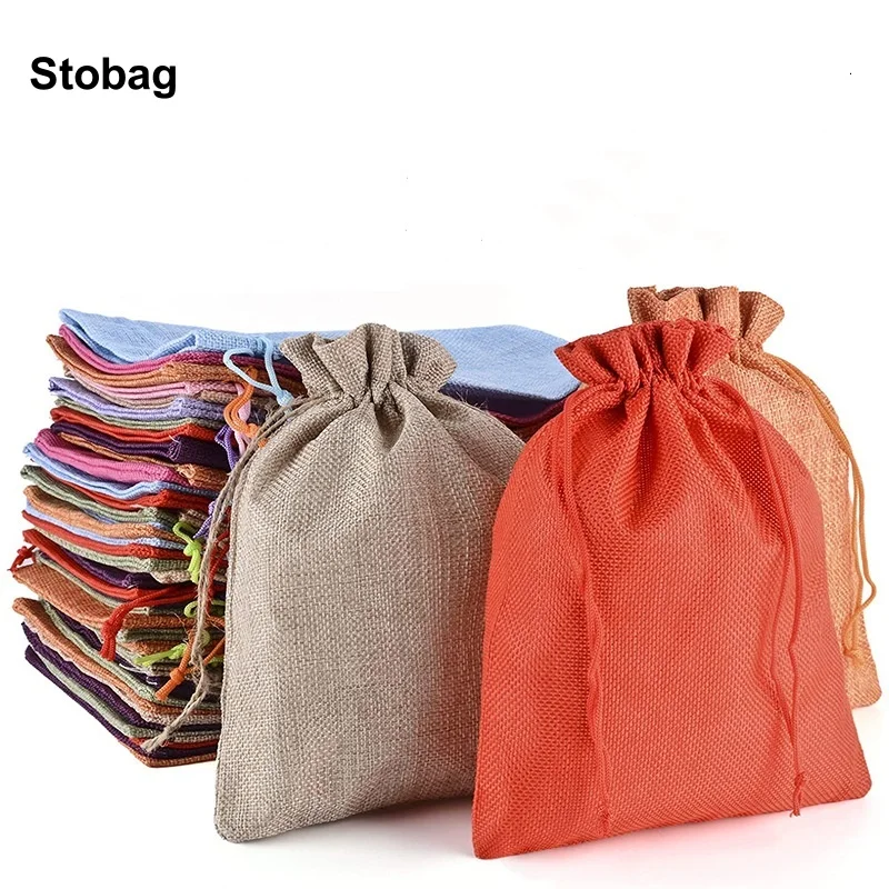 StoBag 5pcs Color Linen Drawstring Bags Small Jewelry Gift Cosmetic Storage Packaging Portable Bundle Pocket Organizer Pouch