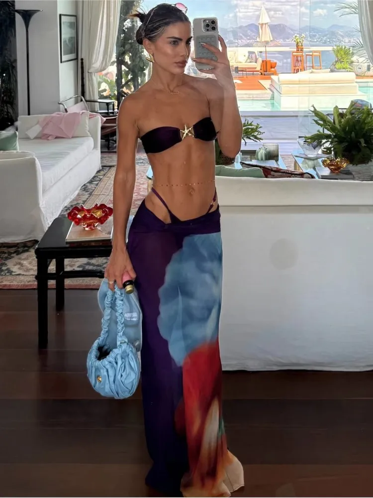

Bikini Bodysuit Swimwear Women With Skirt Bathing Suit Summer New Ruffle Splice Print Beachwear Holiday Bikini Cover Ups Outfits