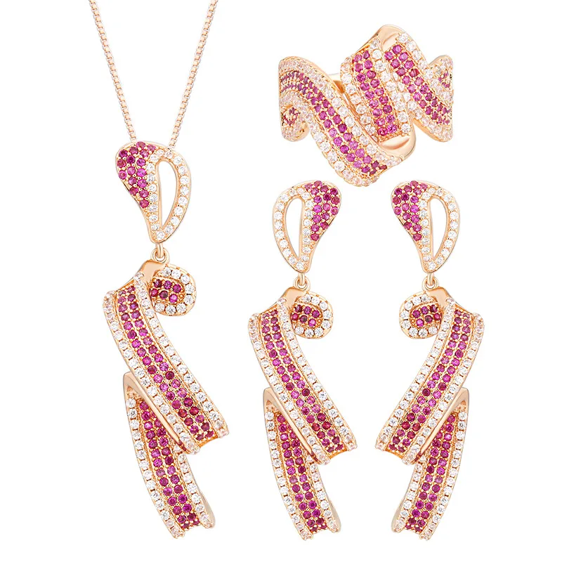 Copper Electroplated Gold Fashion Jewelry Imitation Red Corundum Design Rose Gold Colorful Gemstone Set Wholesale