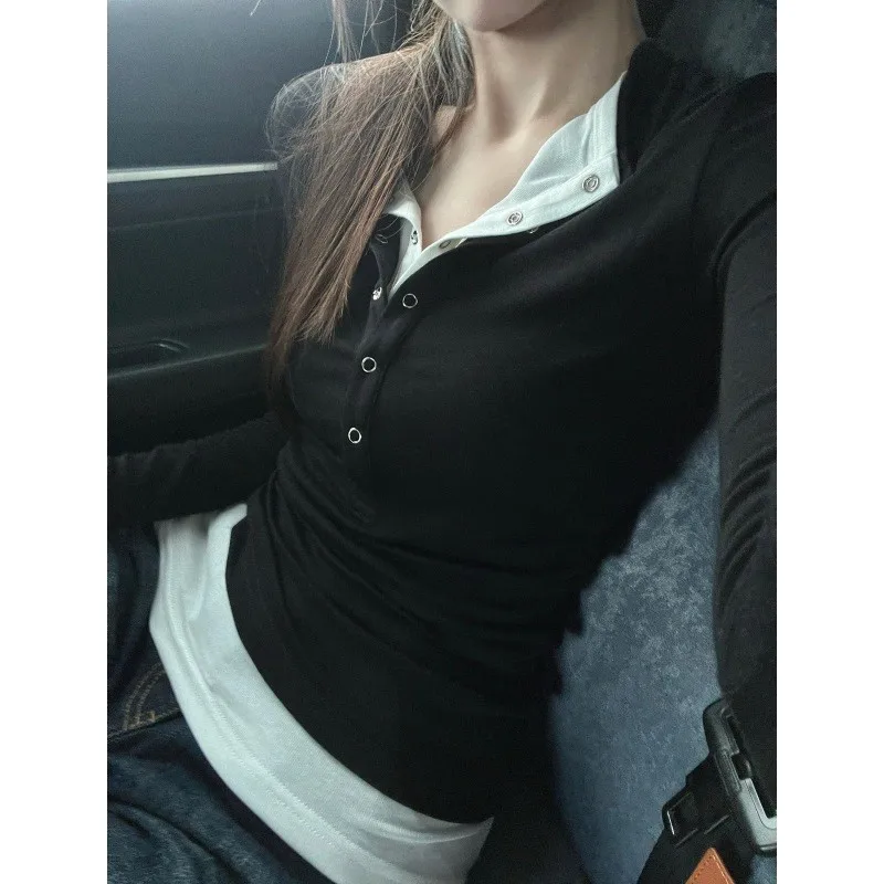 Women T Shirt Button Front Slim Fit T Shirts Black And White Fake Two Piece Top Contrast Collar Long Sleeve T Shirt For Woman
