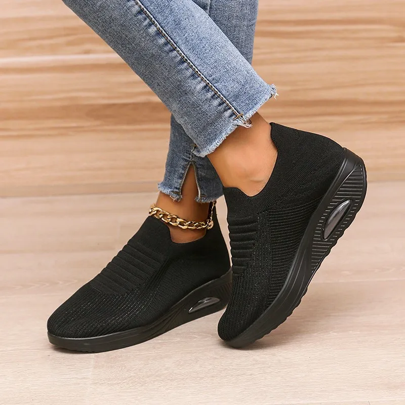 Air Cushion Flats Shoes for Women 2023 Summer Lightweight Sneakers Fashion Breathable Mesh Casual Shoes Slip-on Walking Sneakers