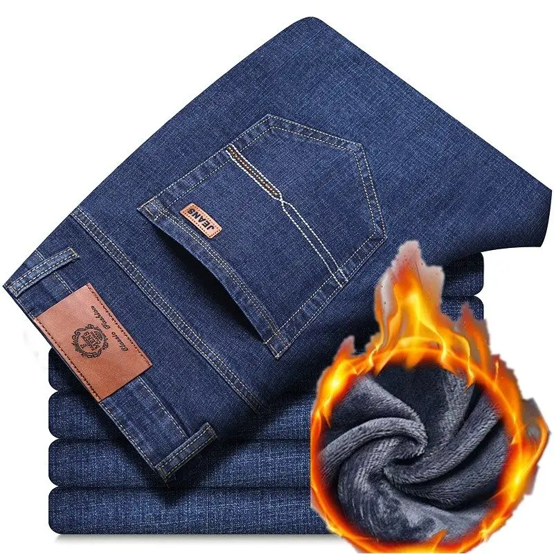 Men Fashion Winter Thermal Jeans Snow Warm Plush Fleece Business Casual Trousers Classic Straight Leg Slim Fit Denim Pants