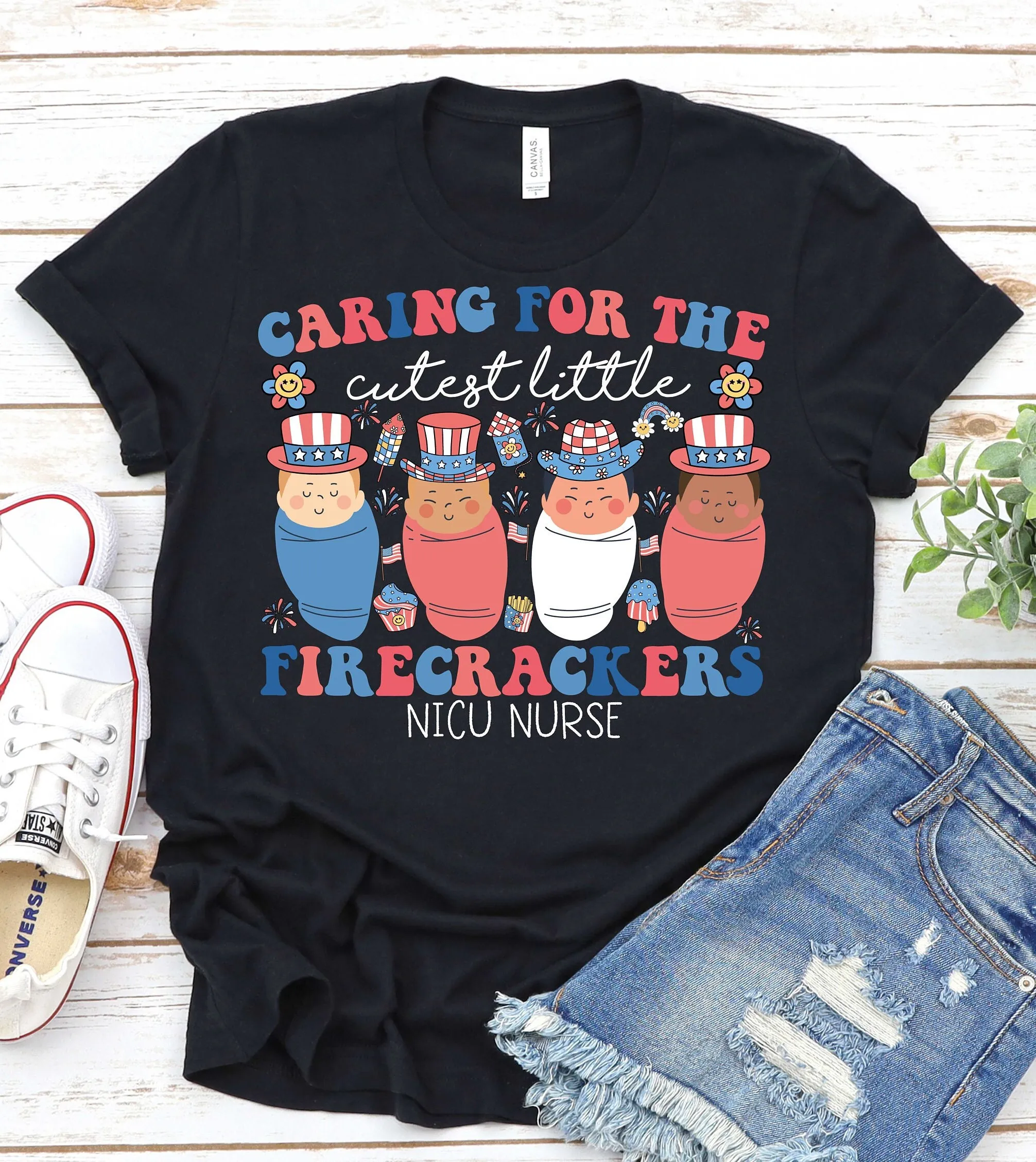 Caring For The Cutest Firecrackers Nicu Nurse 4Th Of July T Shirt Mother Baby American Independence Neonatal