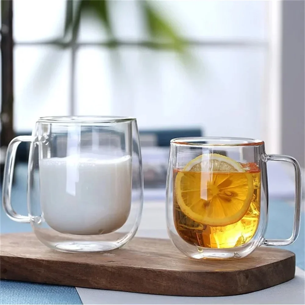 150-450ml Doppelwandige Glas-Kaffeetasse mit Henkel 1 Stück Hitzebeständiger Borosilikatglas-Becher für Kalte Säfte Milch Kaffee