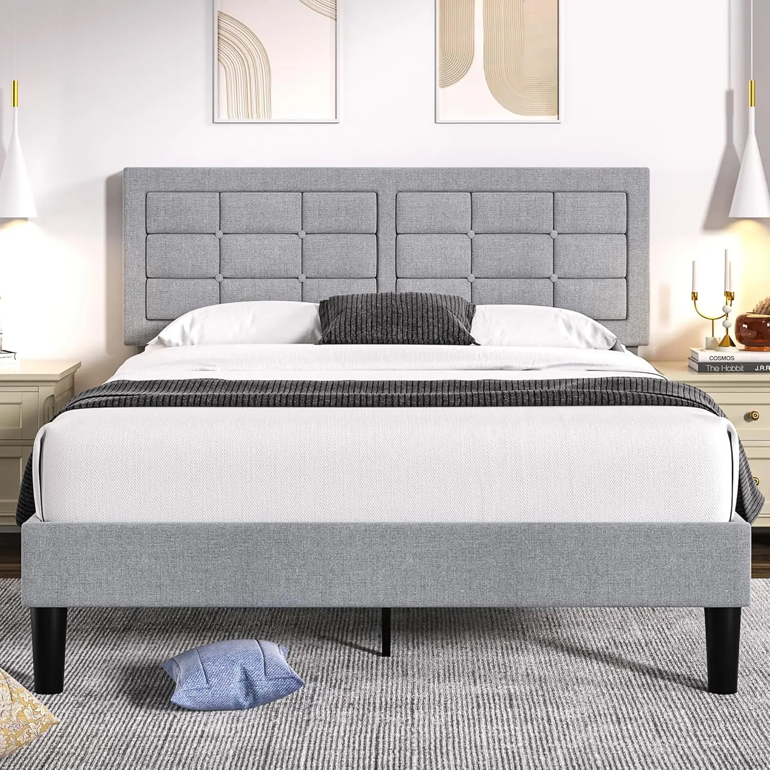 

Queen Size Bed Frame with Adjustable Headboard, Upholstered Button Tufted Platform Bedframe with Wood Slats Support, Light Grey