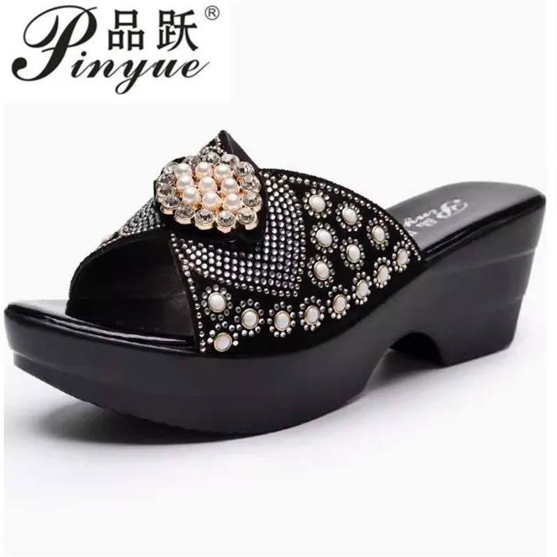 diamond Ladies Summer sandals Genuine Leather Shoes Women High Heels Fashion Wedges Summer slipper size 35--40