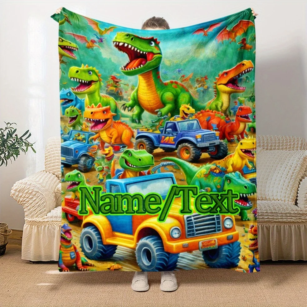 Customizable Dinosaur Park Flannel Blanket Personalized Name Soft Lightweight for Sofa Bed Travel Office Gift for Young People
