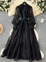 High-End Women's Dress Heavy Embroidery A-Line Long Skirt V-Neck Lantern Sleeve Single Button High Waist Korean Style Commute - Image 3