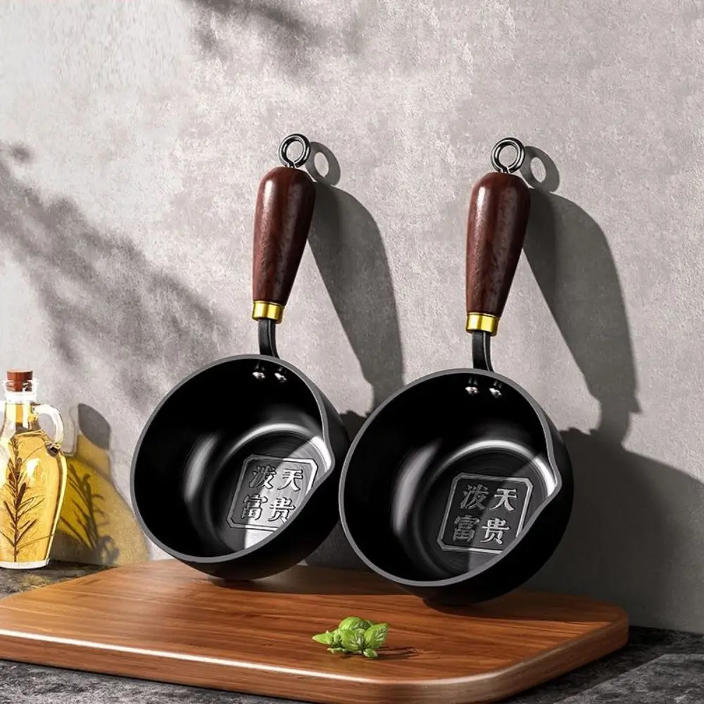 Multi-purpose Cast Iron Oil Splashing Pot Uncoated Wooden Handle Milk Pot Deepened Mini Hot Oil Pot Chocolate view 4
