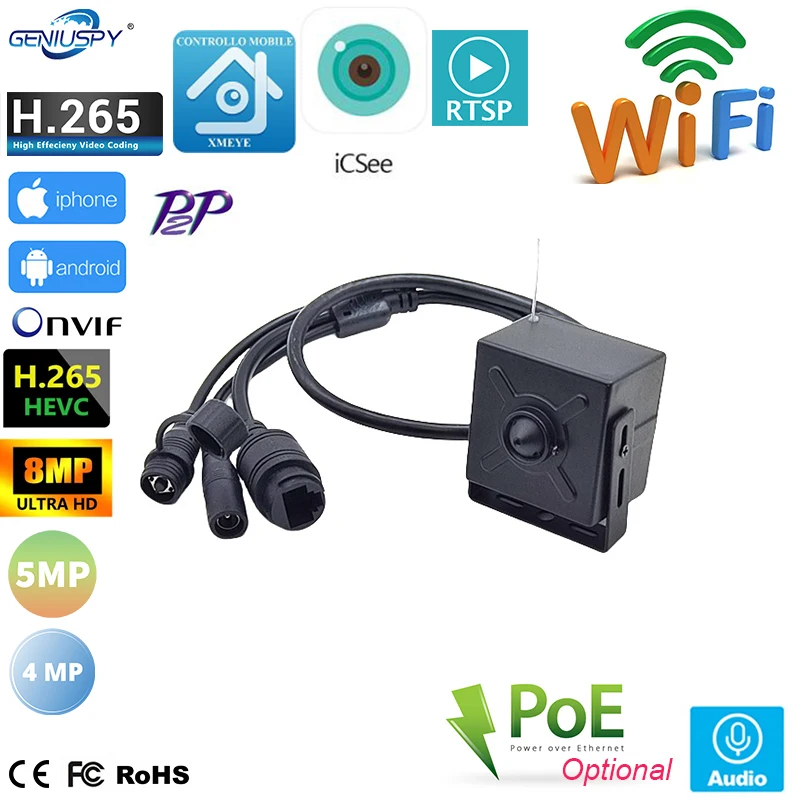 

ICSEE SD Card Slot IP Pin-Hole Mini Square Wide Angle Network Camera WiFi Wireless POE Face Recognition Motion Detection Audio