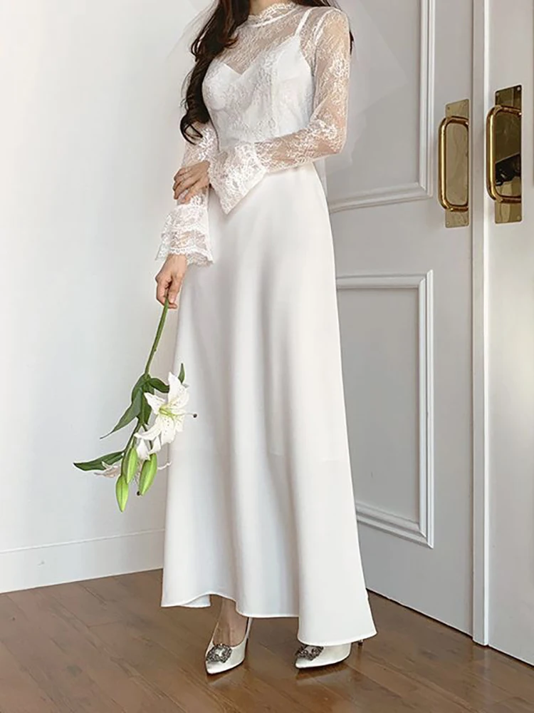 White Vintage Lace Wedding Dress Women Stand Collar Long Sleeves Temperament Bridal Dresses Simple Elegant French Style Gown