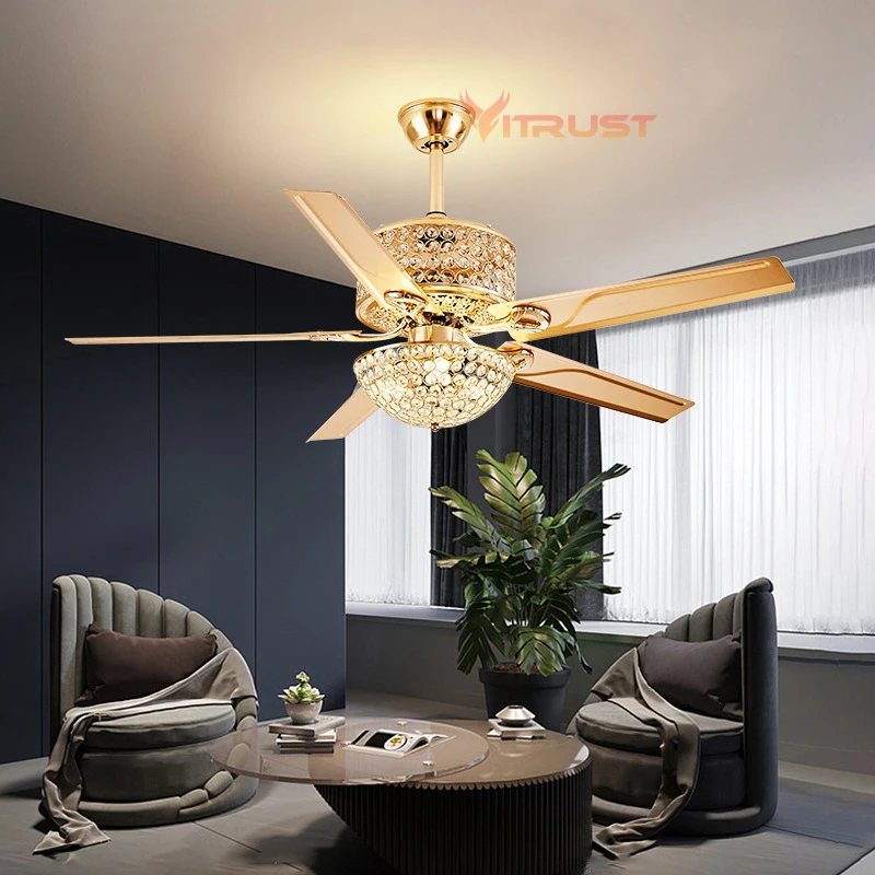 Tuya Smart Crystal Ceiling Fan LED Light Gold Chrome Strong Wind Ceiling Fan Lamp Bedroom Living Room 42in 52Inch Remote Control