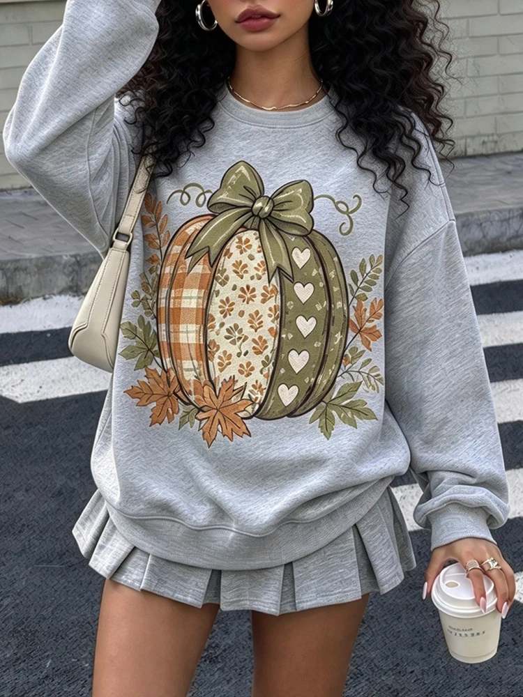 Women Crew Neck Sweatshirt Vintage Plaid Floral Heart Pumpkin Bow Maple Leaf Print Oversized Casual Autumn Long Sleeve Pullover Fall Trendy Tops Local Warehouse Shipping