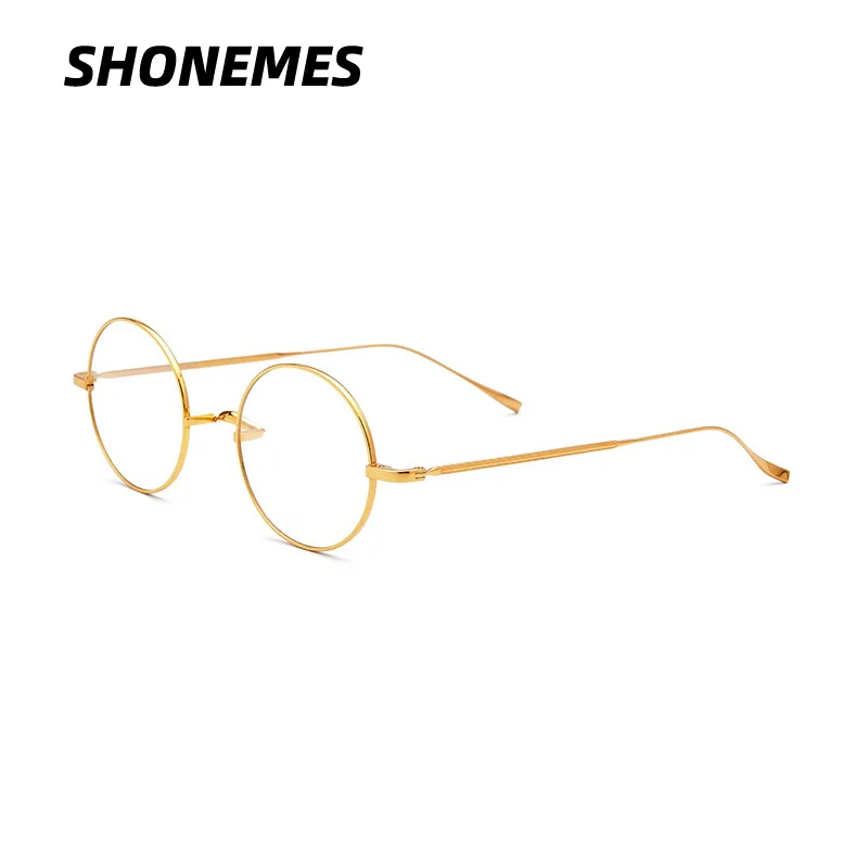 SHONEMES Pure Titanium Round Glasses Frame Luxury Ultra-Light Eyeglasses Business Spectacles Frames Black Gold for Men Women