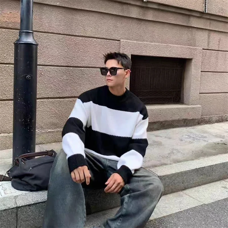 

Winter Striped Colorblock Long Sleeve Knitwear For Men Casual Christmas Crewneck Sweaters Korean Fashion Y2K jersey hombre