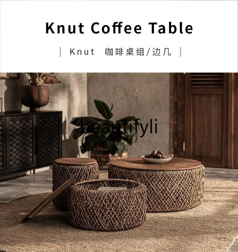 Imported handmade rattan woven coffee table combination round living room can store South East Asia style teak furniture