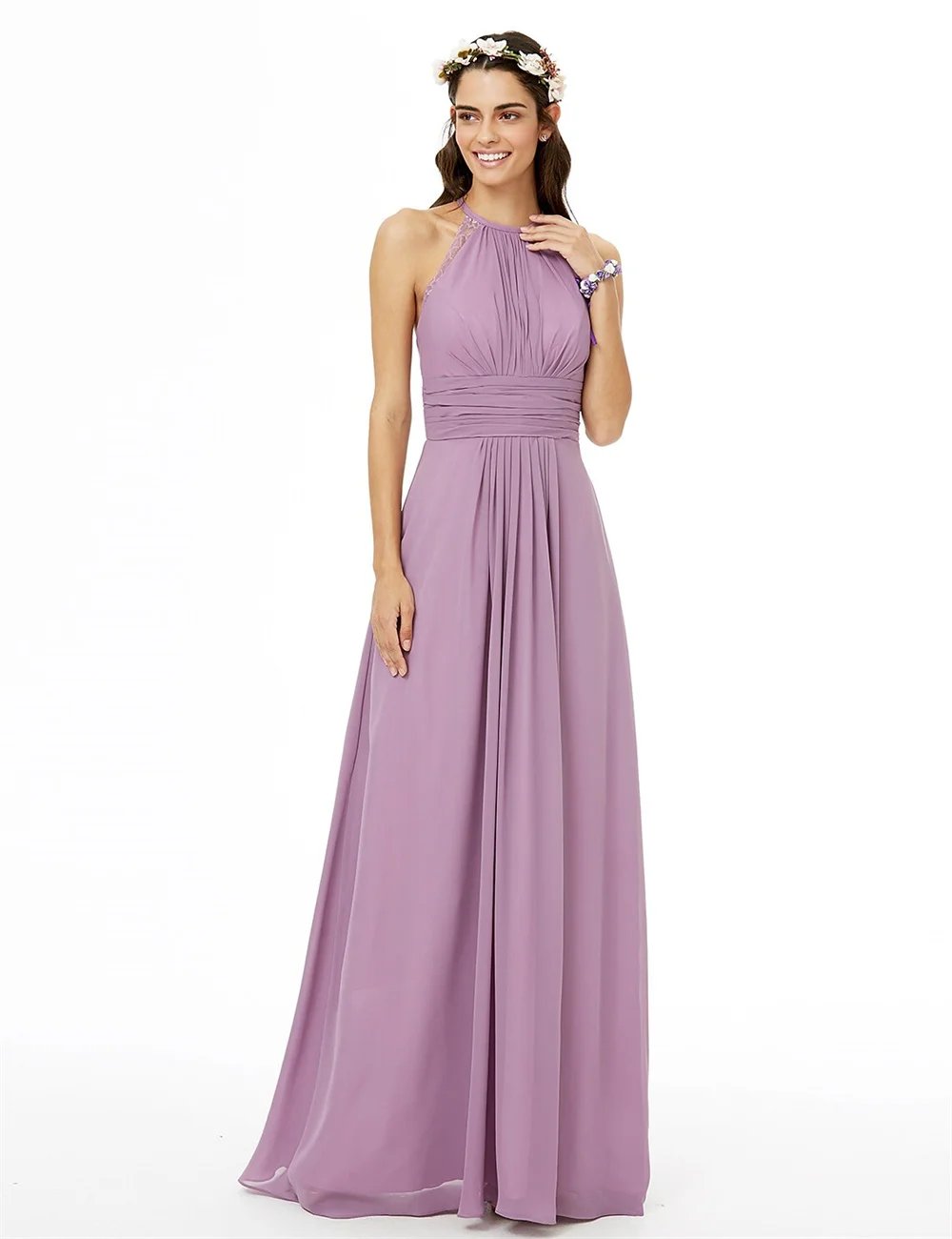 

Wedding Party Dresses Formal Bridesmaid Dresses Halter Beautiful Open Back Floor Length Pure Color Chiffon with Lace Pleats 2023