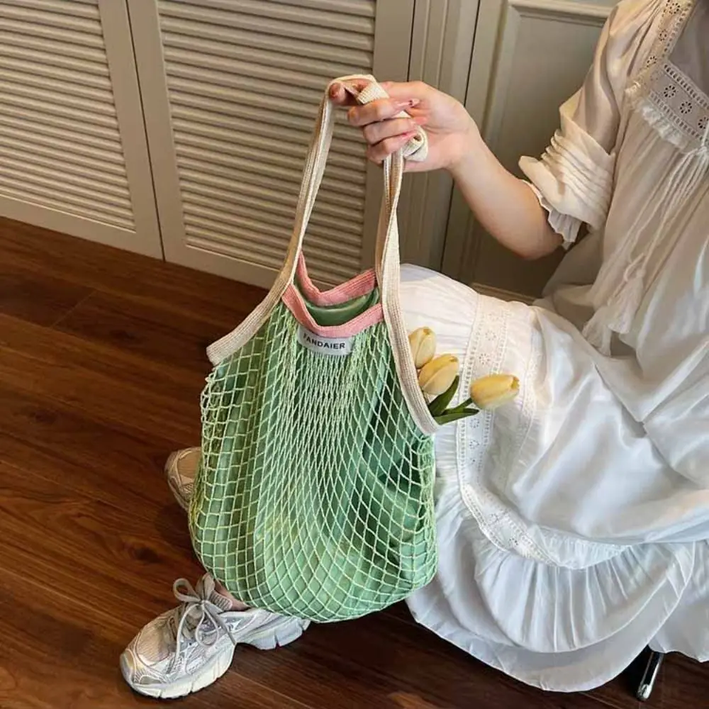 

Polyester Hollow Woven Shoulder Bag Large Capacity Korean Style Mesh Handbags Pockets Edge Covering Summer Beach Tote Bags