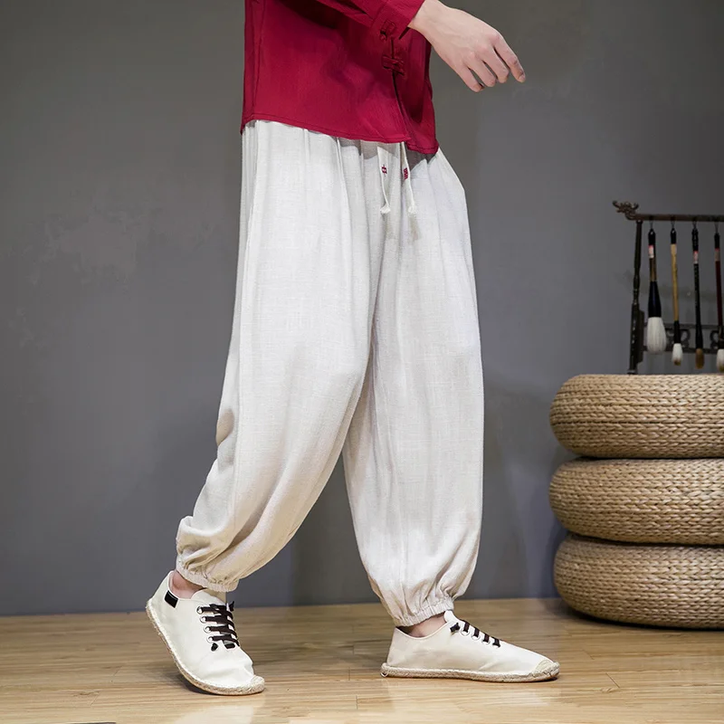 Chinese Style Plus Size Casual Cotton Linen Pants Spring Autumn Fashion Text Embroidery Harem Jogging Pants Men Clothing Joggers