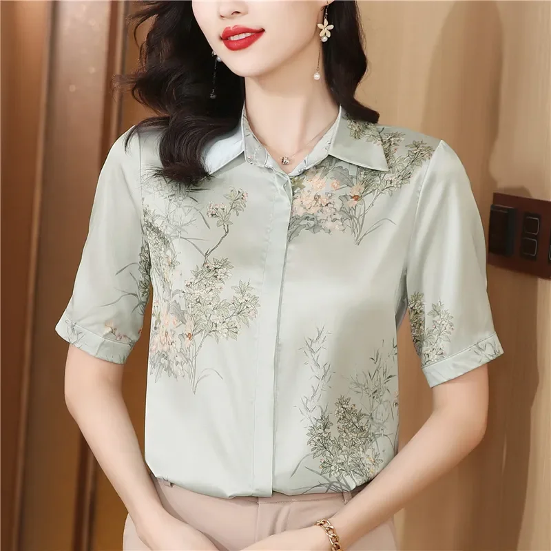 

Women's Satin Floral Print Shirt Luxury Ink Bamboo Design Short Sleeve Blouse for Summer