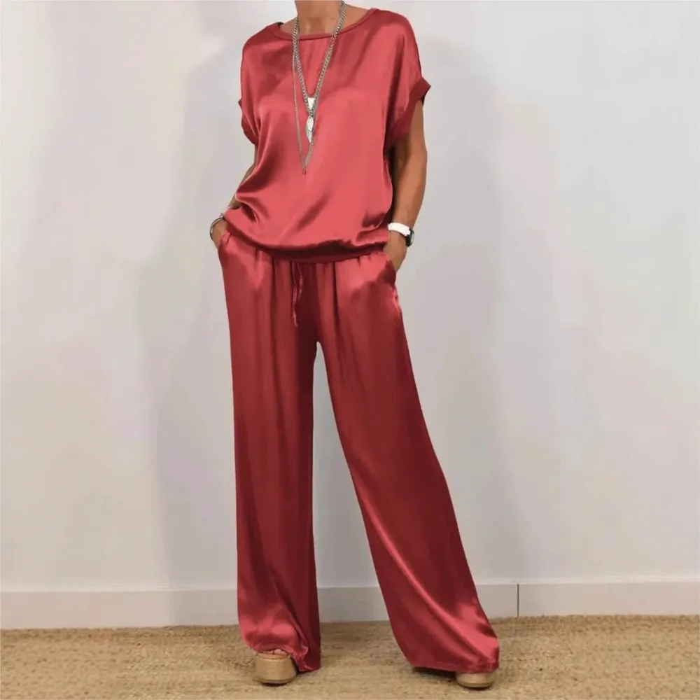 Primavera Nuovo Casual O Collo T-shirt a maniche corte Top in raso Pantaloni lunghi da donna Abito elegante femminile Pantaloni lunghi a gamba larga Set da 2 pezzi